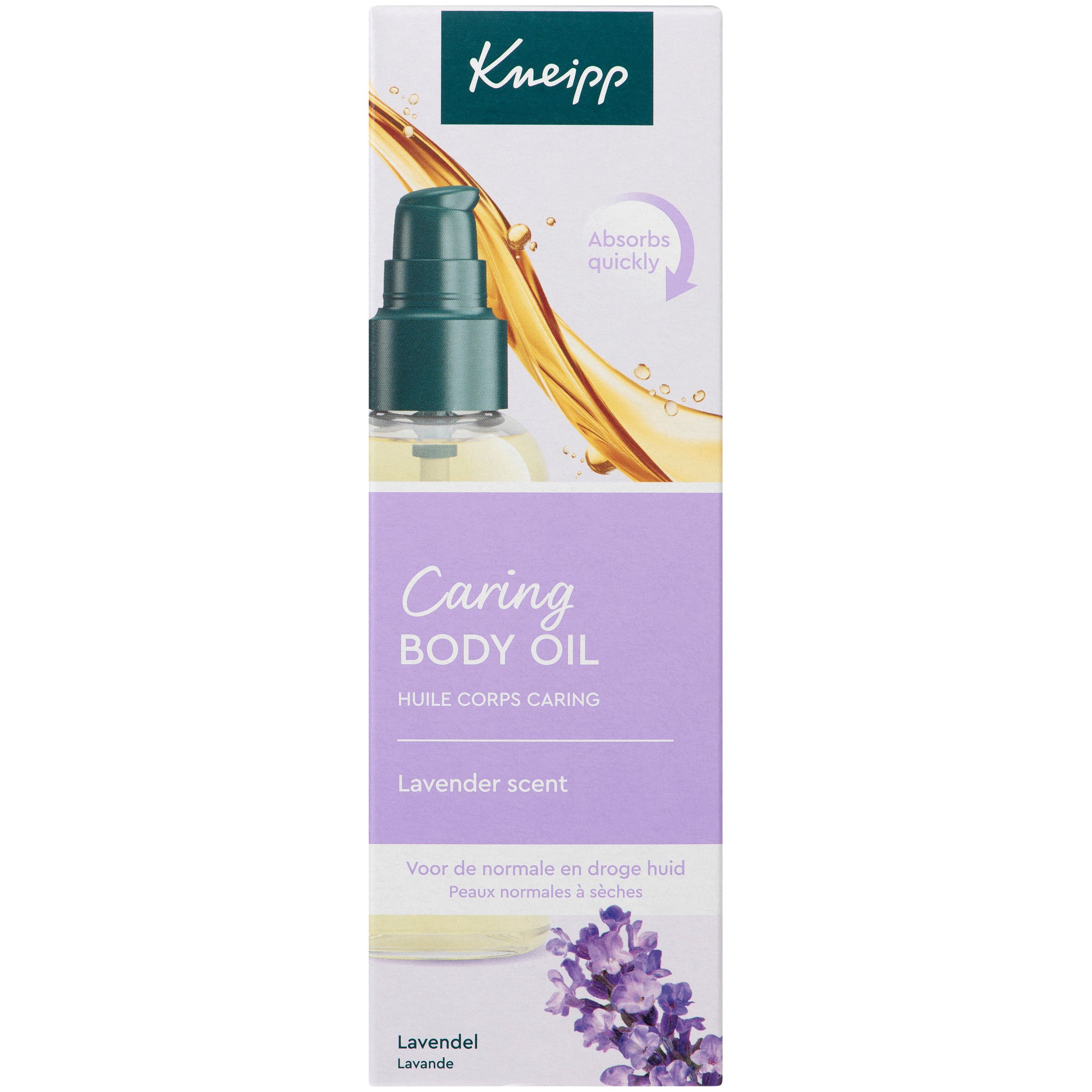 Emballage Kneipp Caring Body Oil. Étiquette violette, illustration de lavande. Texte et logo.