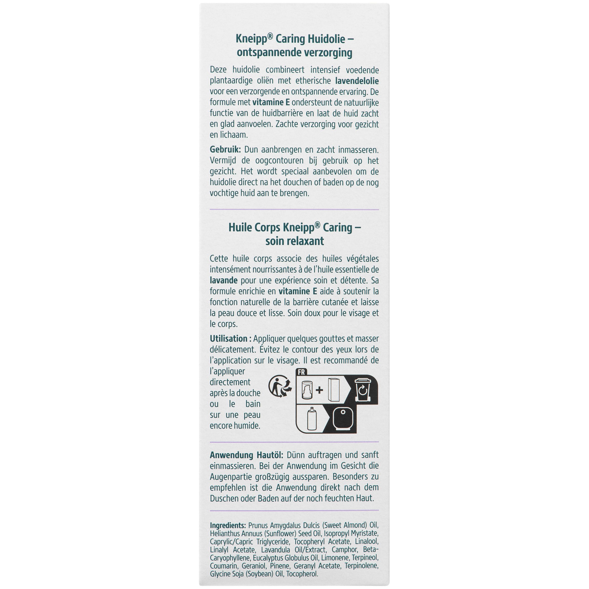 Flacon et emballage Kneipp Caring Body Oil. Étiquette violette, illustration de lavande. Texte et logo.