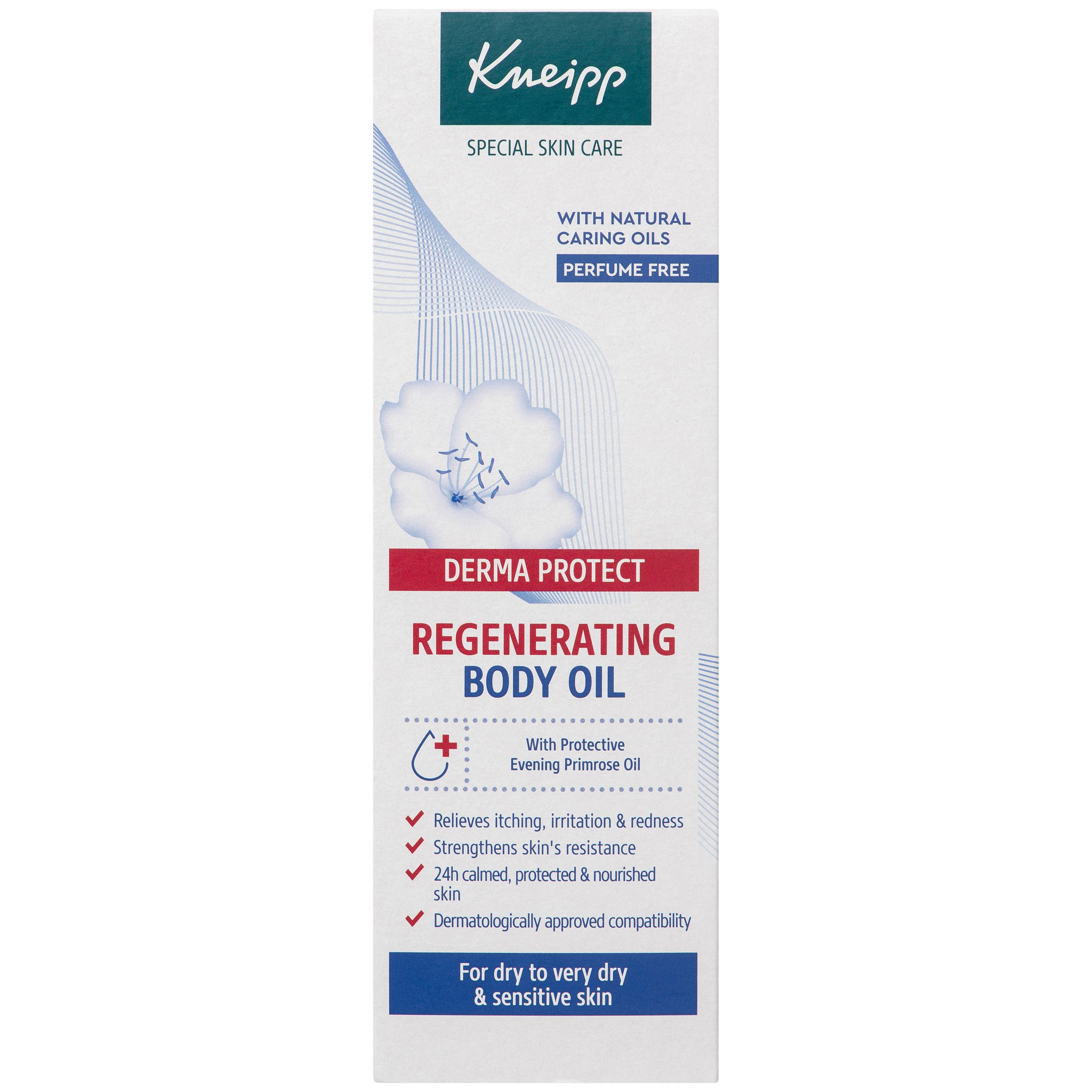 Emballage de l'huile corporelle Kneipp Derma Protect. Blanc avec éléments bleus et rouges. Texte: Body Oil, pour peaux sèches.