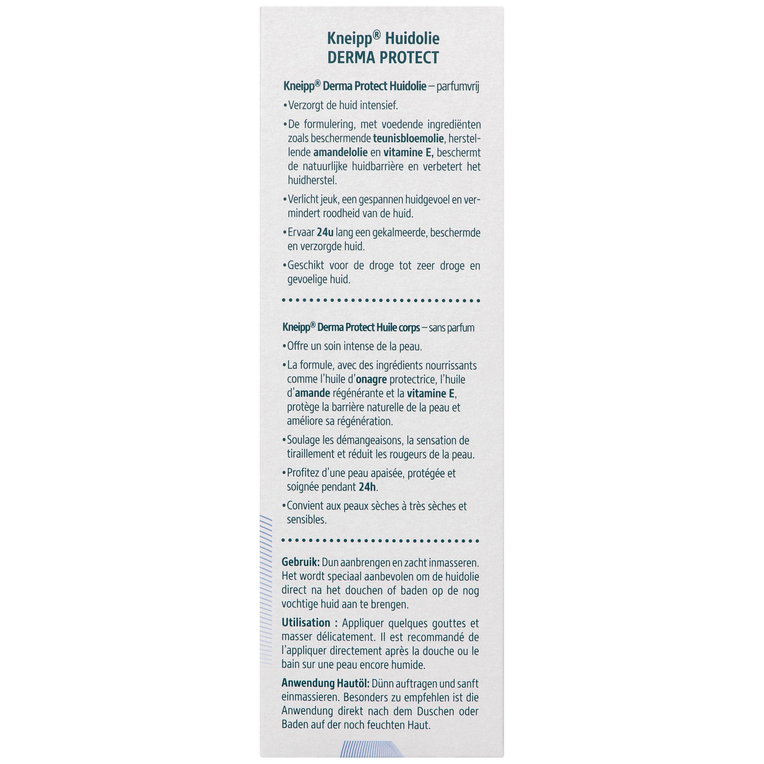 Texte en allemand, description de l'huile corporelle Kneipp Derma Protect. Ingrédients, utilisation, indications pour peaux sèches.