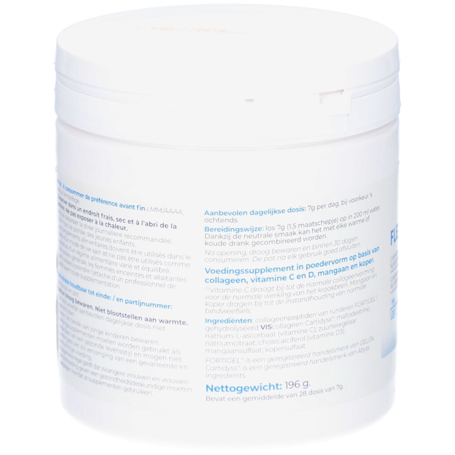 Weißer Behälter, Rückseite mit Text. Enthält Informationen zu Inhaltsstoffen und Nährwerten. Nettogewicht: 196g.