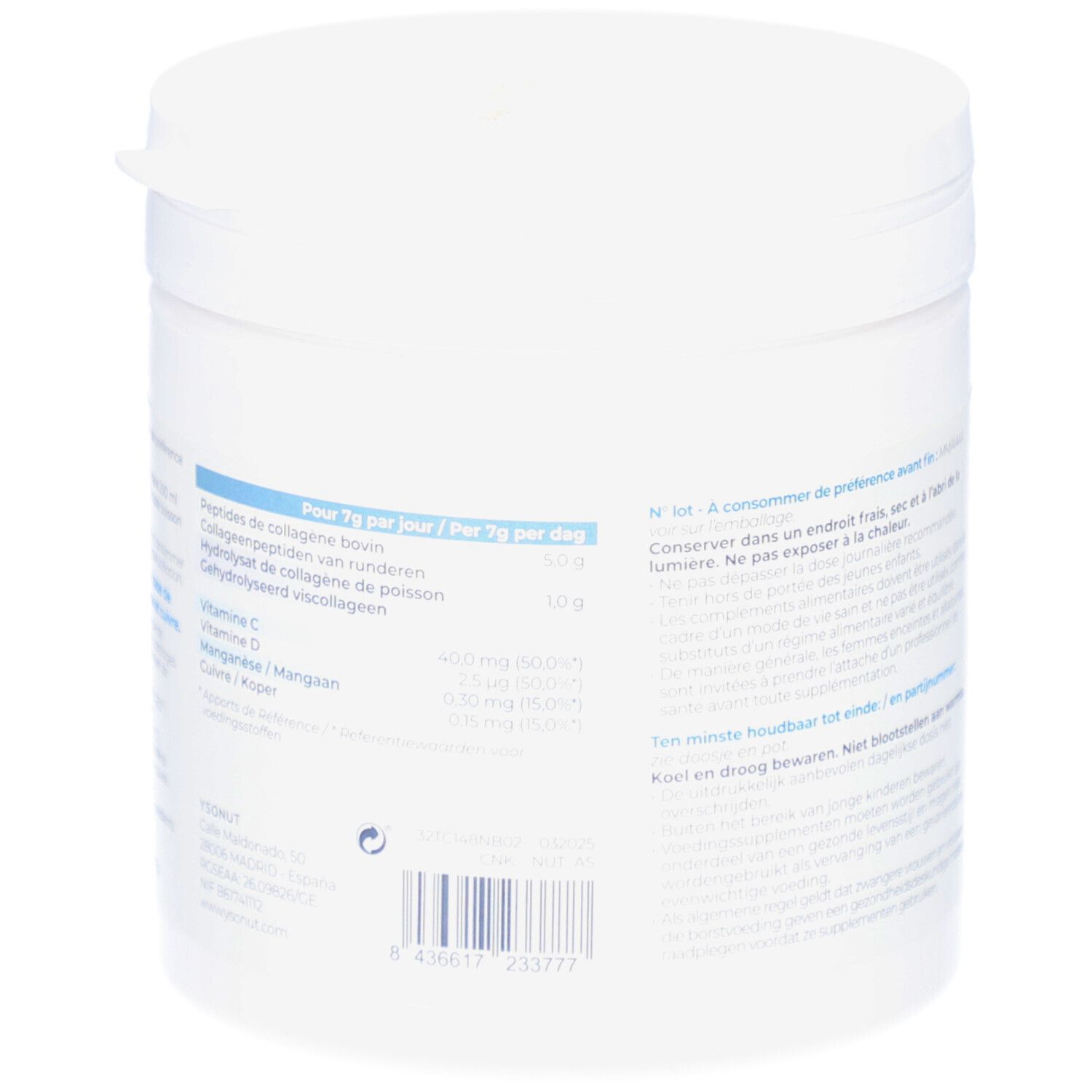 Weißer Behälter, Rückseite mit Text. Enthält Informationen zu Inhaltsstoffen und Nährwerten. Barcode.