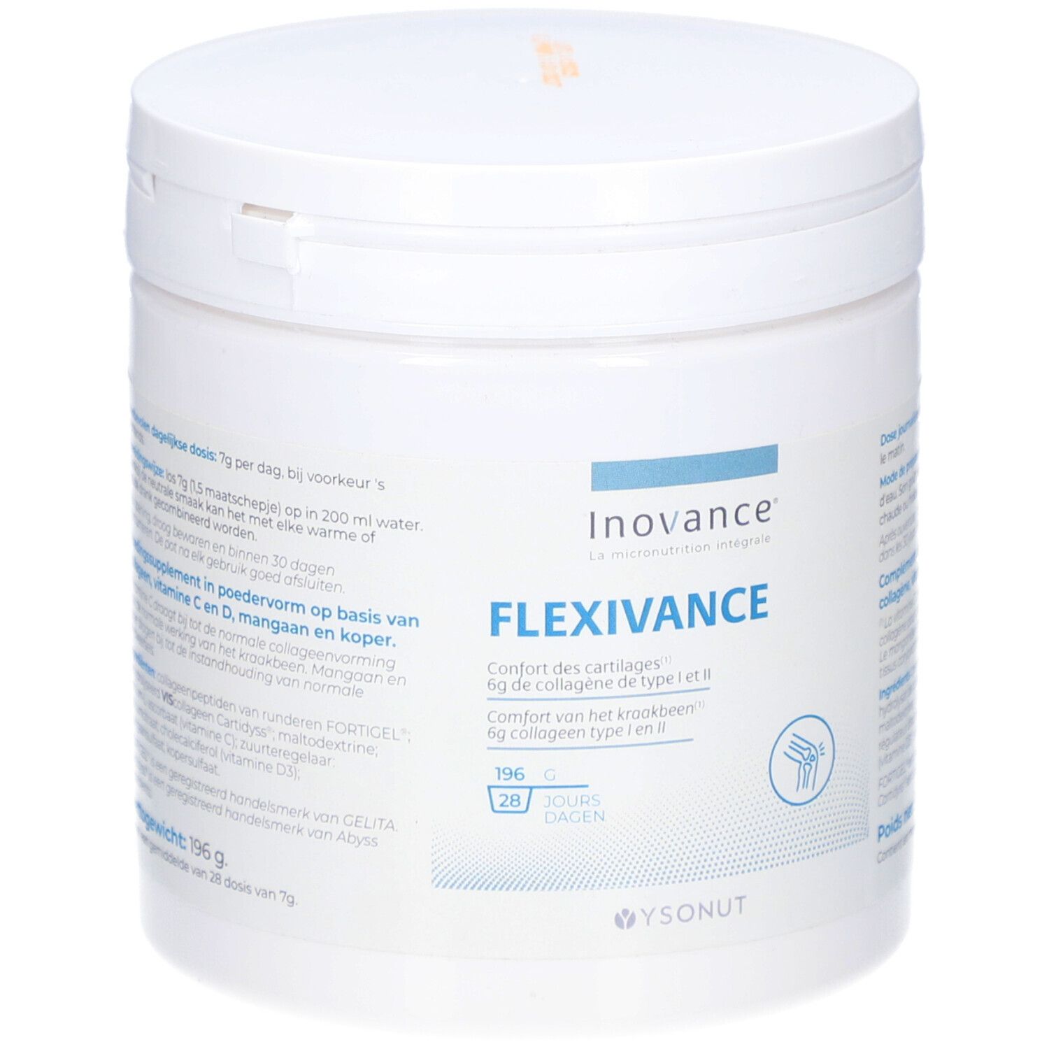 Weißer Behälter mit blauem Deckel. Aufschrift: Inovance Flexivance. Enthält 196g. Für 28 Tage.