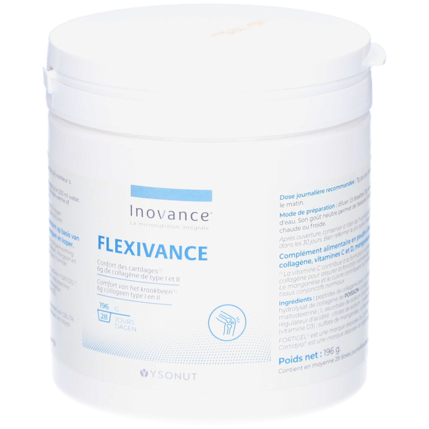 Weißer Behälter mit blauem Deckel. Aufschrift: Inovance Flexivance. Enthält 196g. Für 28 Tage.