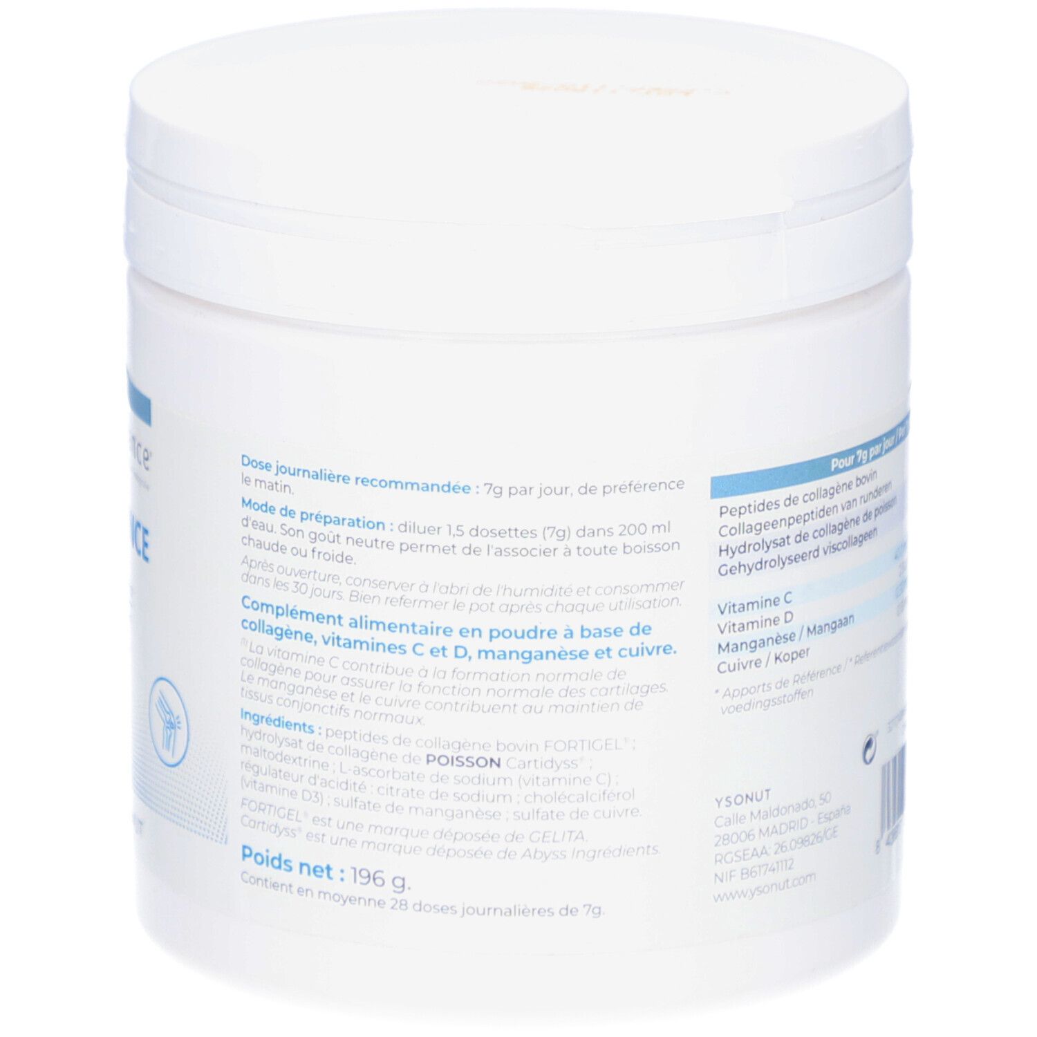 Weißer Behälter, Rückseite mit Text. Enthält Informationen zu Inhaltsstoffen und Nährwerten. Nettogewicht: 196g.