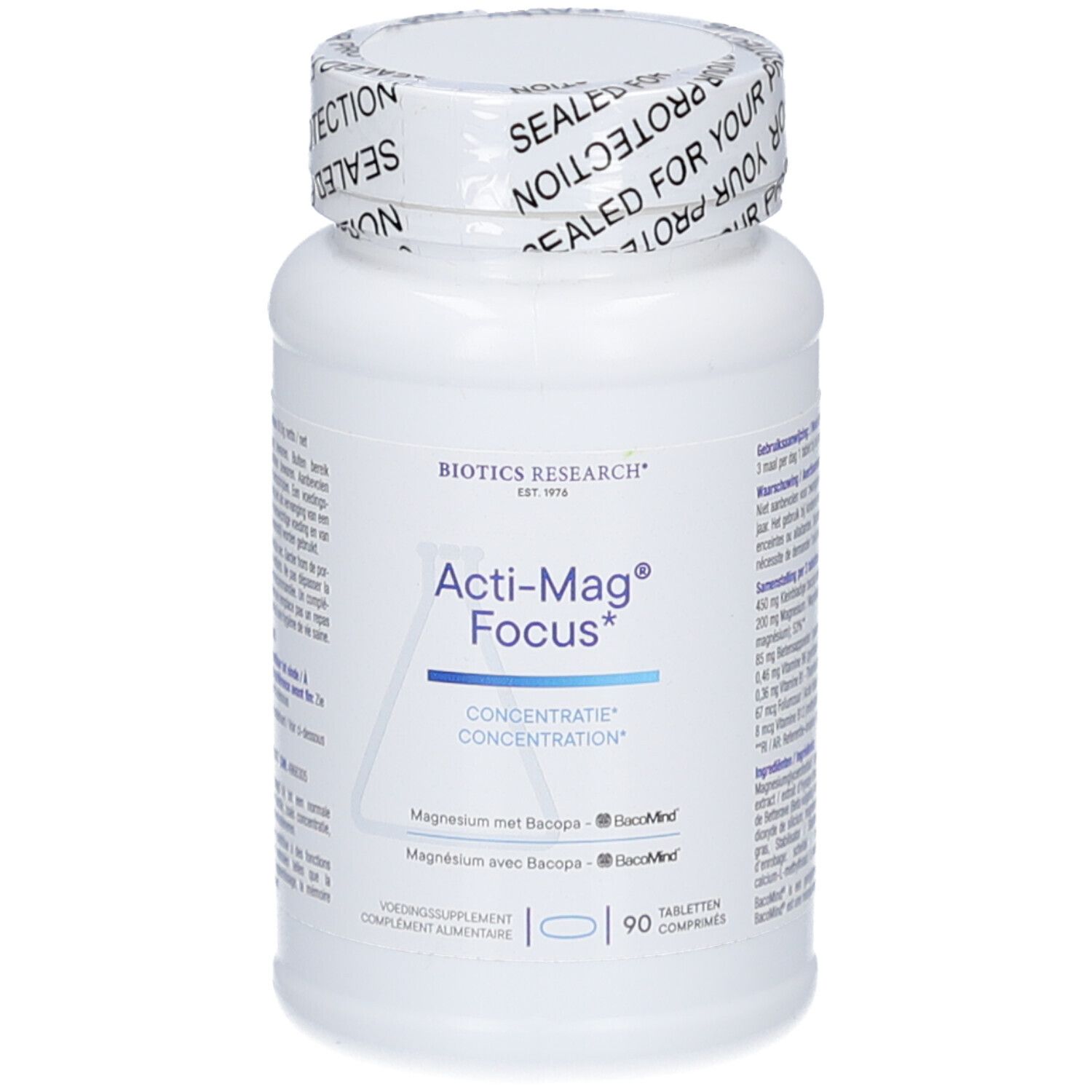 Weiße Flasche mit Acti-Mag Focus Tabletten. Aufschrift: Biotics Research. 90 Tabletten. Verschluss mit Aufdruck.