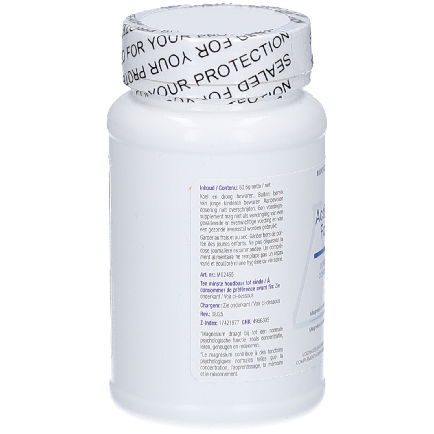 Rückseite der weißen Flasche Acti-Mag Focus. Textinformationen. Herstellerinformationen. Z-Index und Chargennummer.