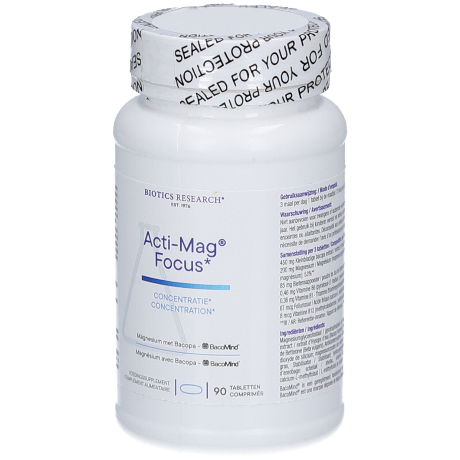 Weiße Flasche Acti-Mag Focus Tabletten. Aufschrift: Biotics Research. 90 Tabletten. Dosierungshinweise.