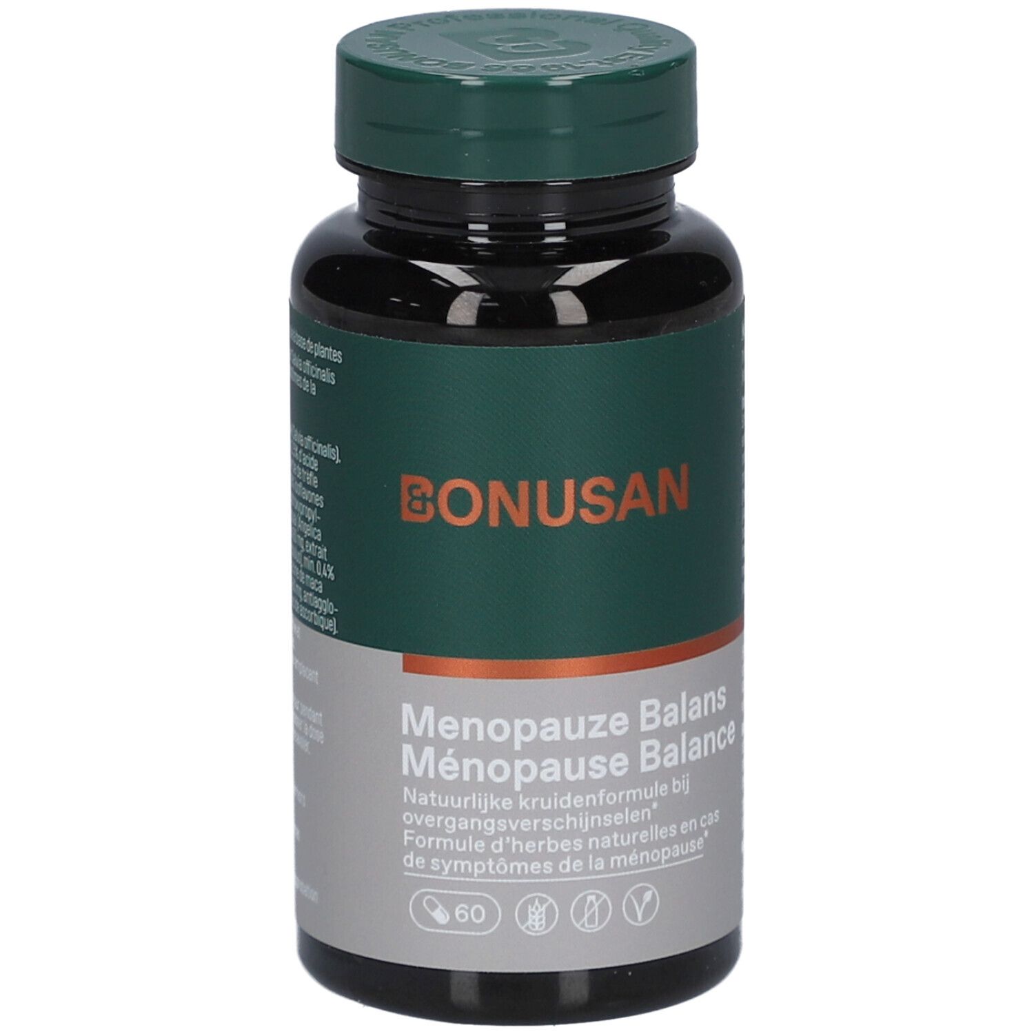 Braune Tablettenflasche mit grünem Deckel. Aufschrift BONUSAN und Menopause Balance.