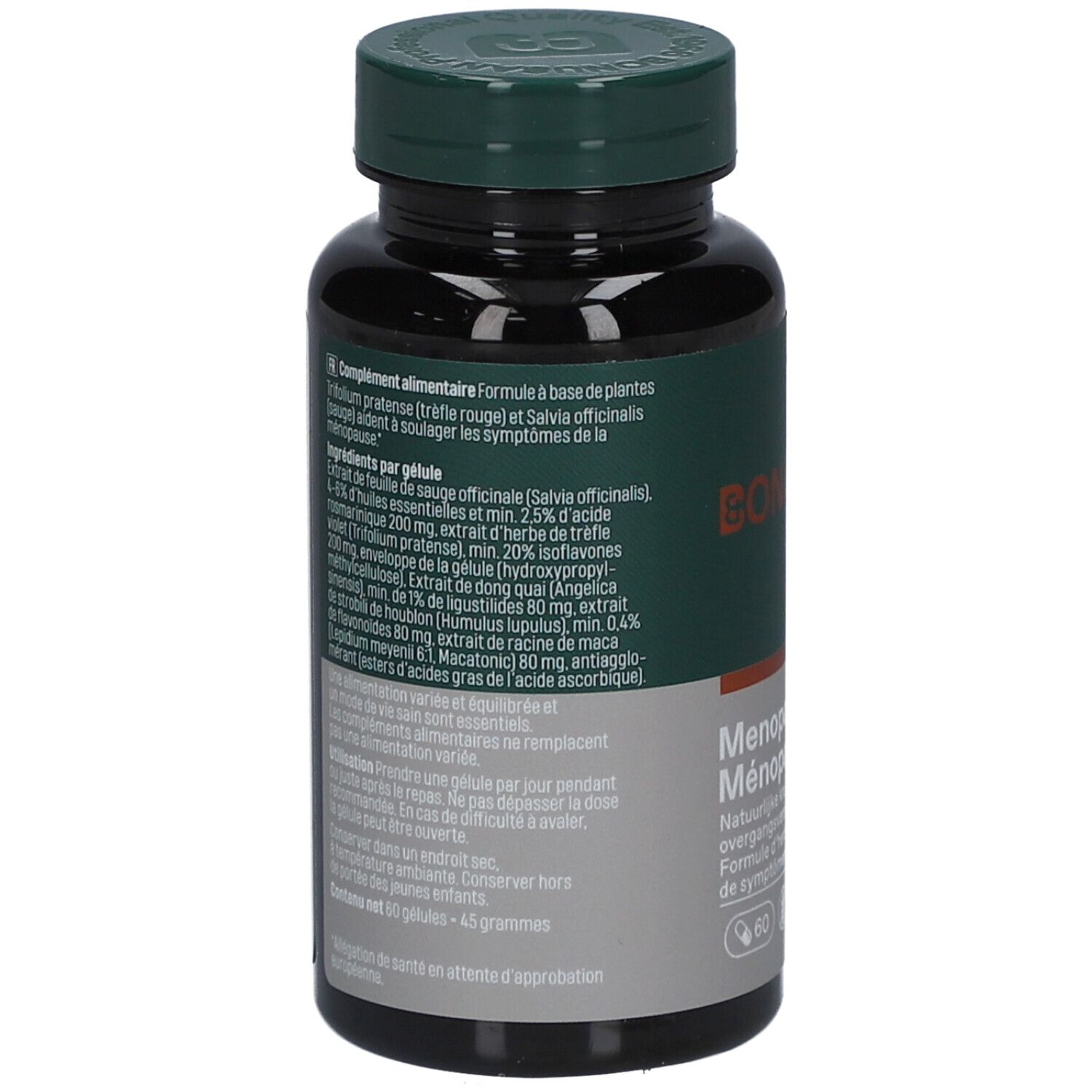 Rückseite der braunen Tablettenflasche. Text mit Inhaltsstoffen und Anwendungshinweisen.