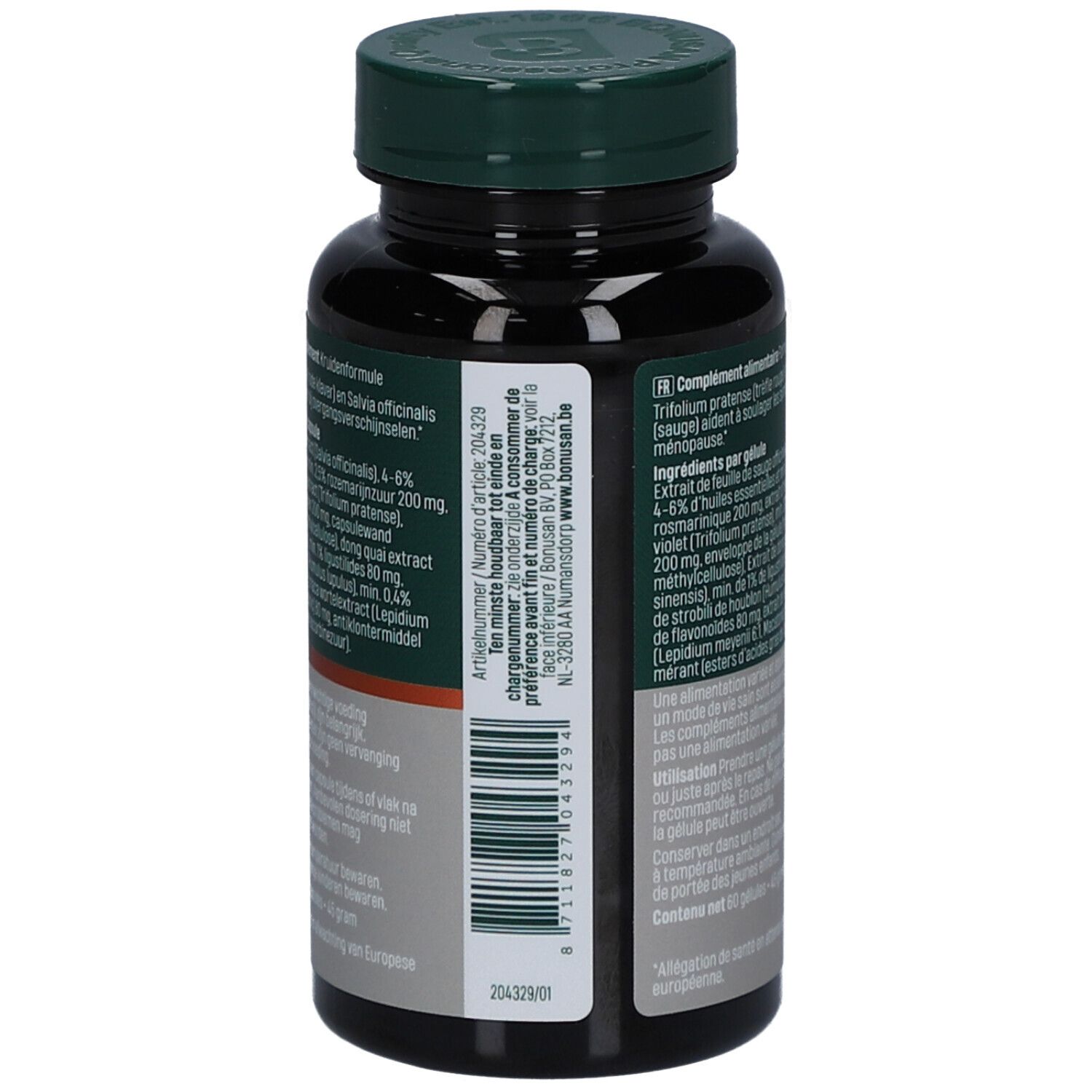 Rückseite der braunen Tablettenflasche. Text mit Inhaltsstoffen und Chargennummer.