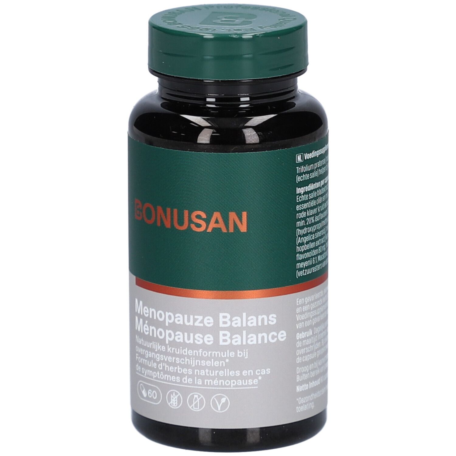 Braune Tablettenflasche mit grünem Deckel. Aufschrift BONUSAN und Menopause Balance.