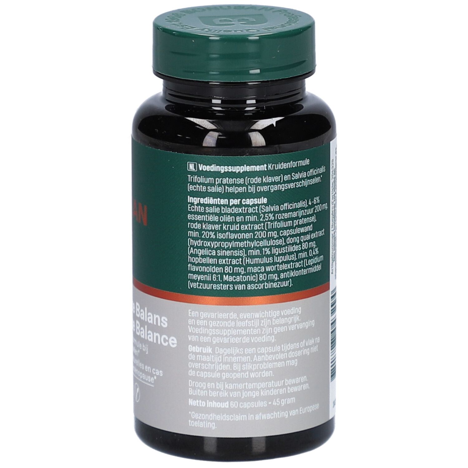 Rückseite der Tablettenflasche. Text mit Inhaltsstoffen und Anwendungshinweisen. Braune Flasche mit grünem Deckel.