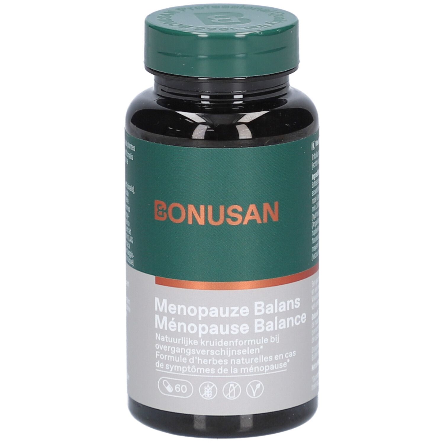 Braune Tablettenflasche mit grünem Deckel. Aufschrift: Bonusan, Ménopause Balance. 60 Kapseln.