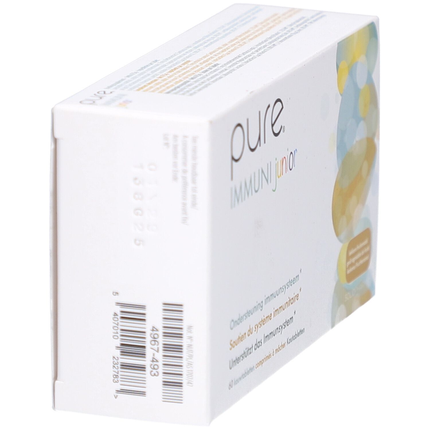 Weiße Schachtel, Seitenansicht. Barcode und Produktinformationen. Aufschrift: pure IMMUNI junior.