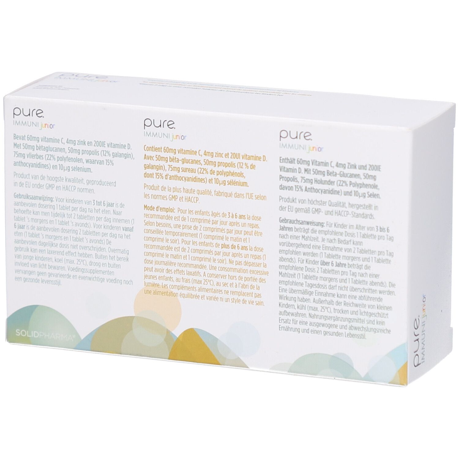 Rückseite der Schachtel mit Produktinformationen. Text in mehreren Sprachen. Aufschrift: pure IMMUNI junior.