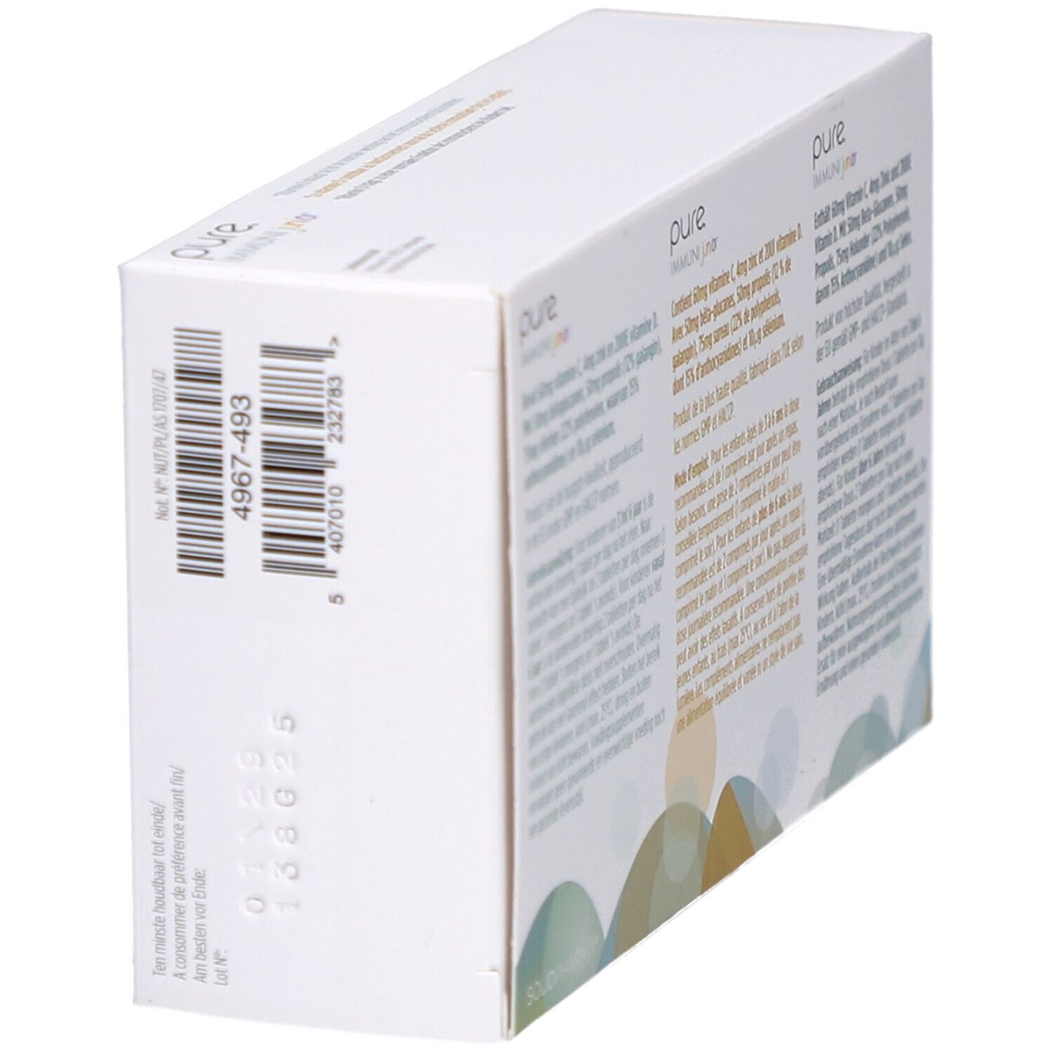 Schachtel, Seitenansicht. Barcode und Produktinformationen. Aufschrift: pure IMMUNI junior.