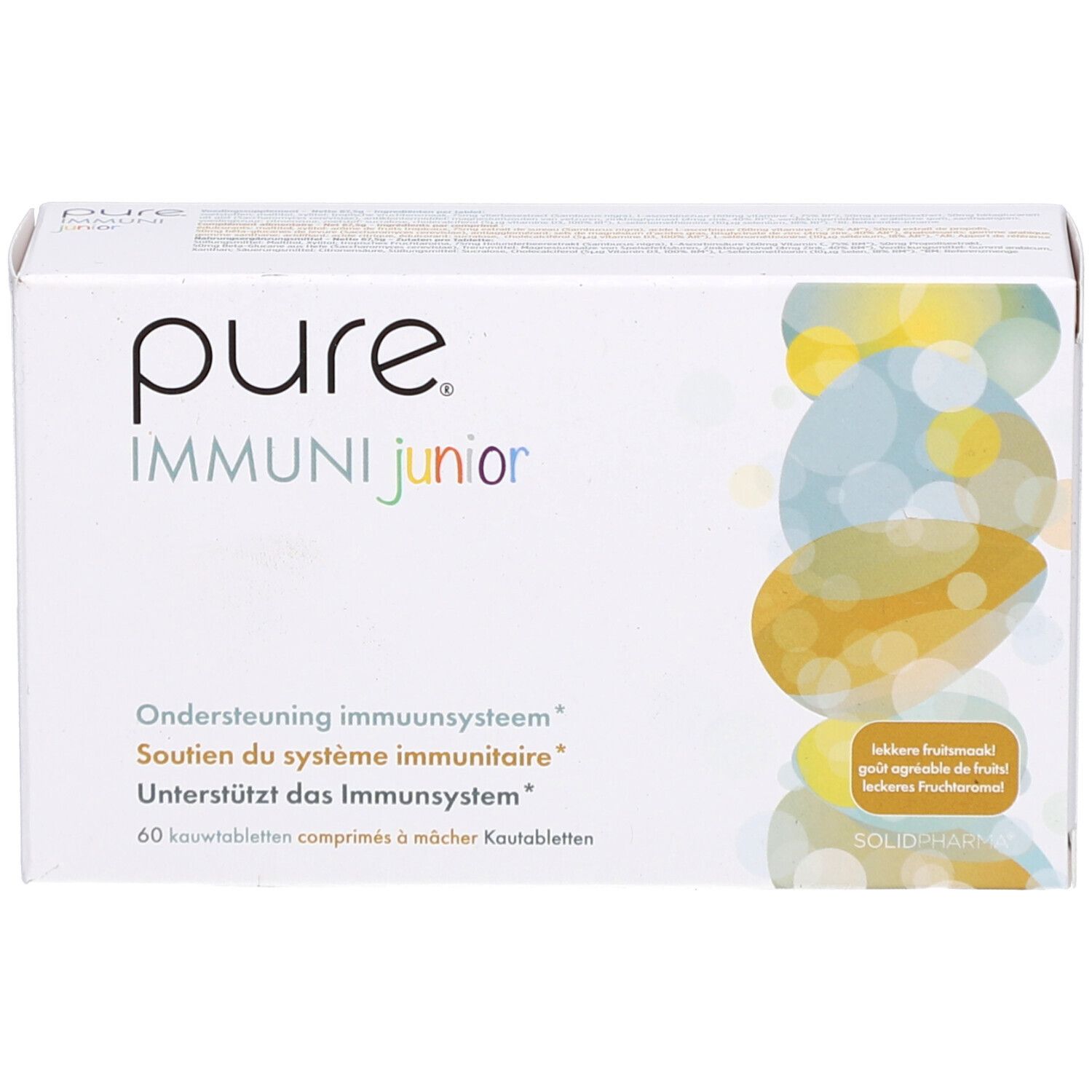 Weiße Schachtel mit Produktaufdruck. Aufschrift: pure IMMUNI junior. 60 Kautabletten. Unterstützung Immunsystem.