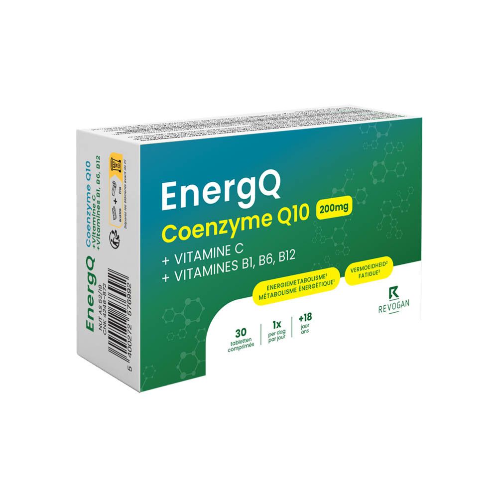 Schachtel EnergQ Coenzym Q10 200mg, Vitamin C und B-Vitaminen. Enthält 30 Tabletten. Revogan.