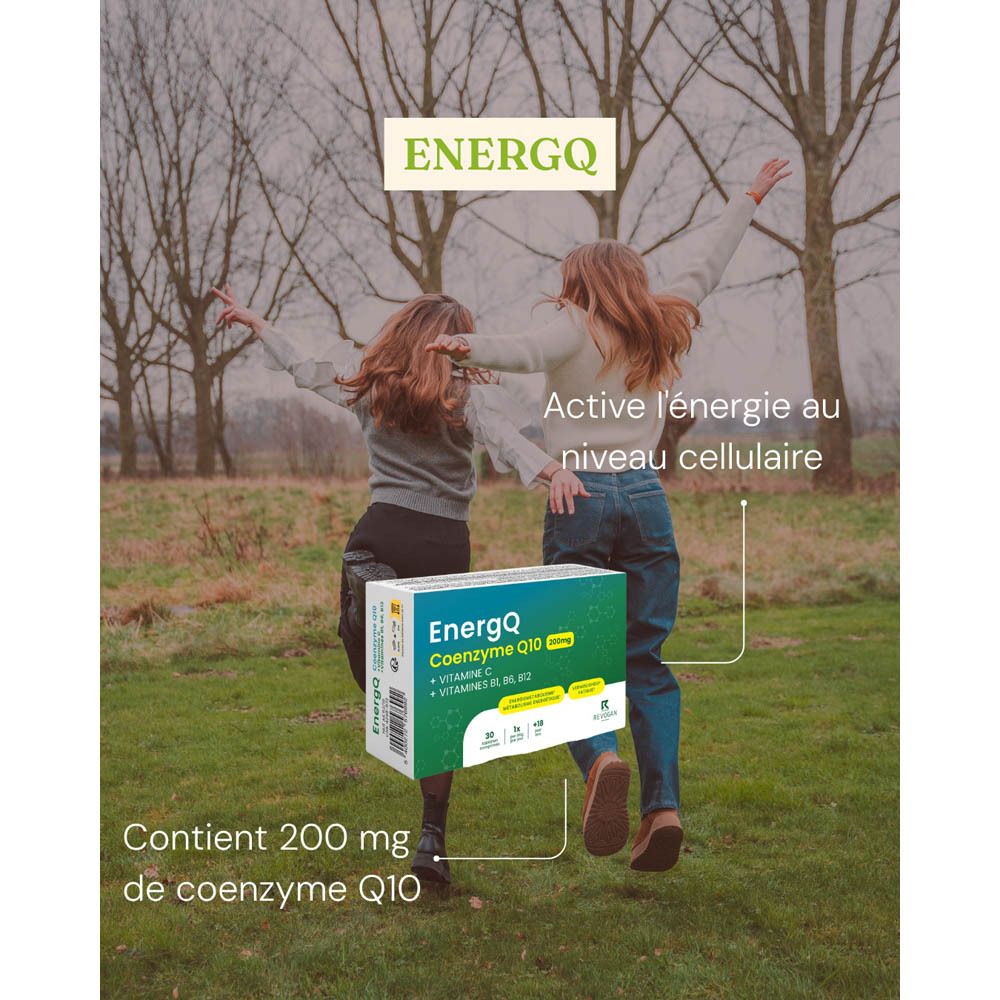 Deux femmes dansent. Une boîte EnergQ Coenzyme Q10 200mg est visible.