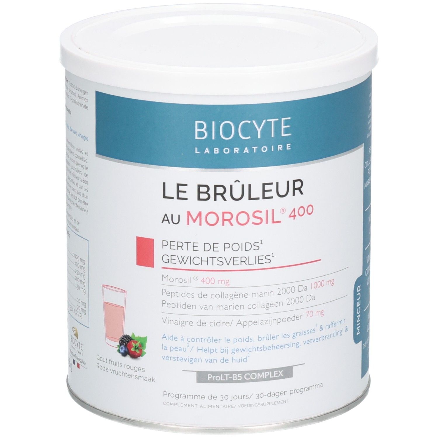 Weißer Behälter mit blauem Deckel. Aufschrift: Biocyte, Le Bruleur au Morosil 400. Enthält Inhaltsstoffe und ein Diagramm.