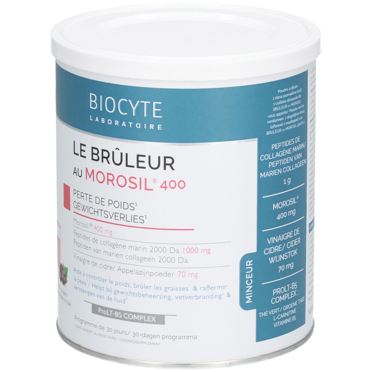 Weißer Behälter mit blauem Deckel. Aufschrift: Biocyte, Le Bruleur au Morosil 400. Enthält Inhaltsstoffe und ein Diagramm.