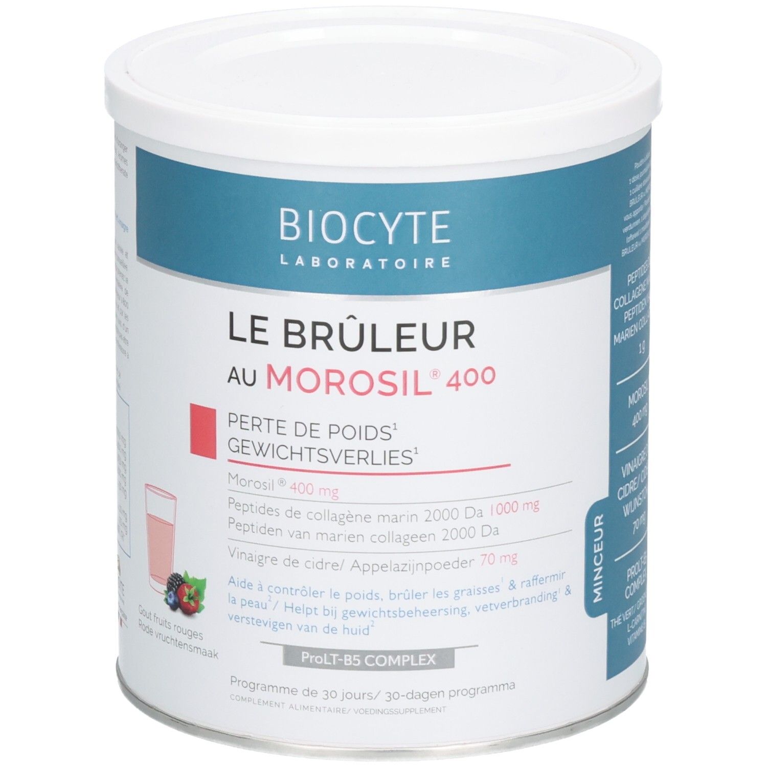 Weißer Behälter mit blauem Deckel. Aufschrift: Biocyte, Le Bruleur au Morosil 400. Enthält Inhaltsstoffe und ein Diagramm.