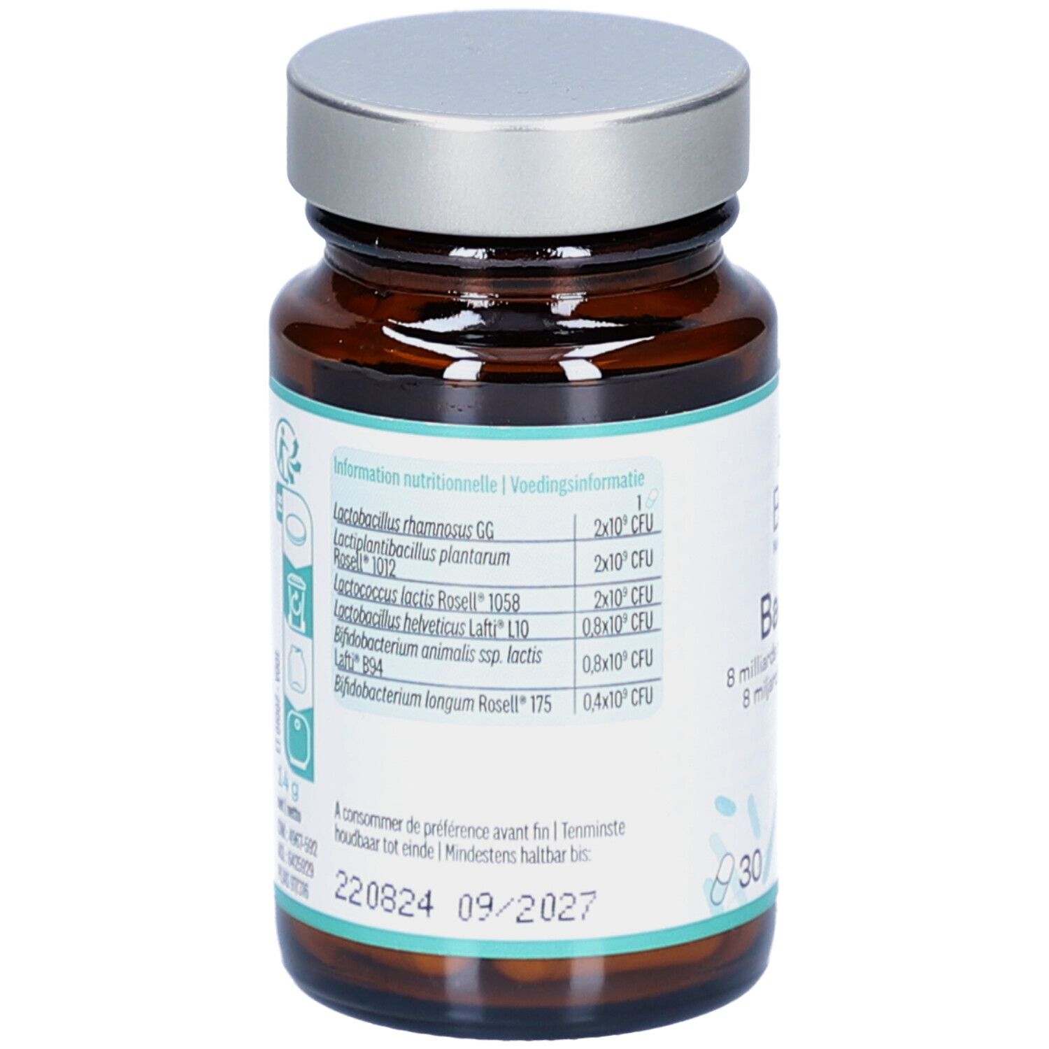 Rückseite der Flasche. Enthält Informationen zu Inhaltsstoffen und Verfallsdatum. Text in Deutsch, Französisch und Niederländisch.