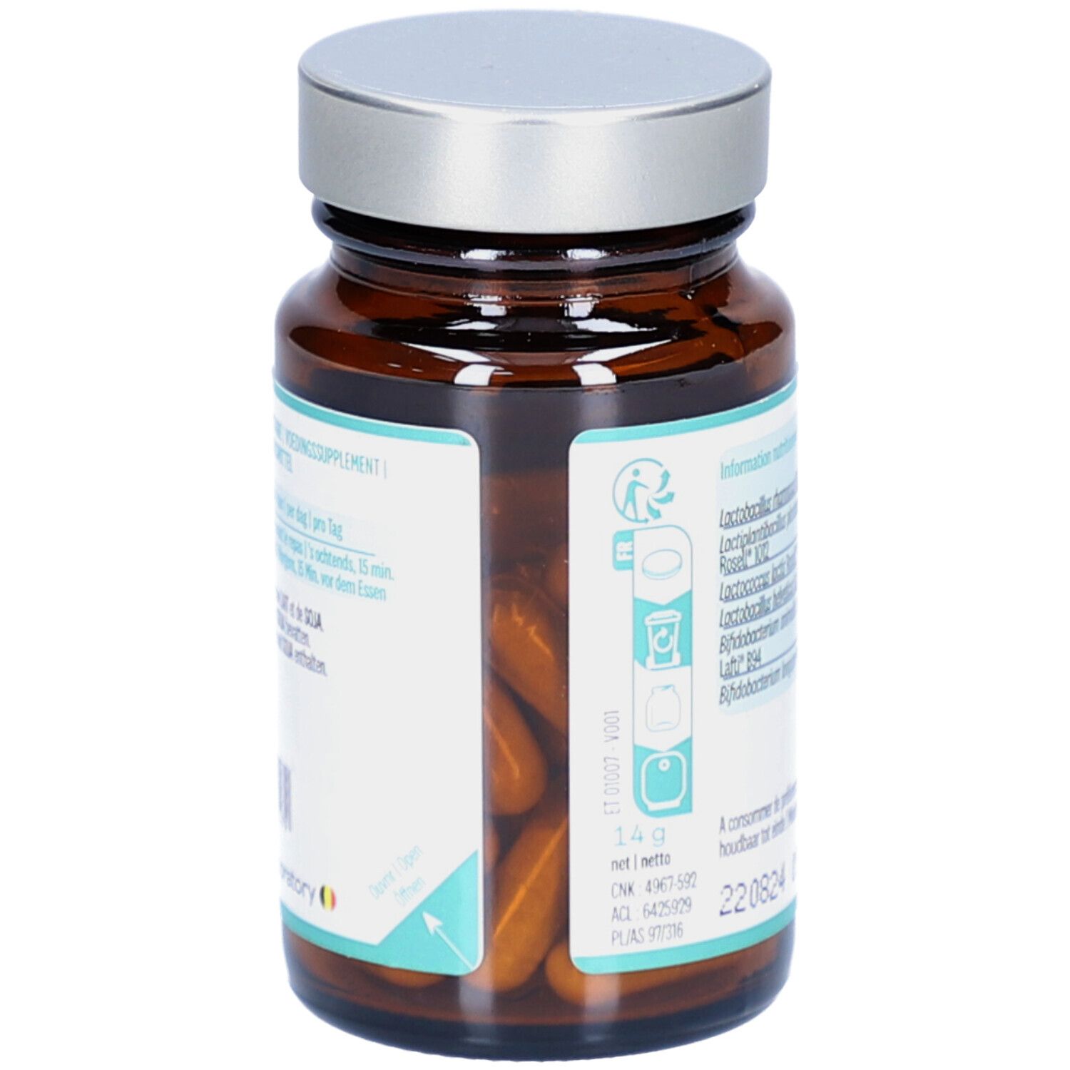 Braune Glasflasche mit Kapseln. Aufschrift: 14 g. Enthält Informationen zu Inhaltsstoffen und Verfallsdatum.