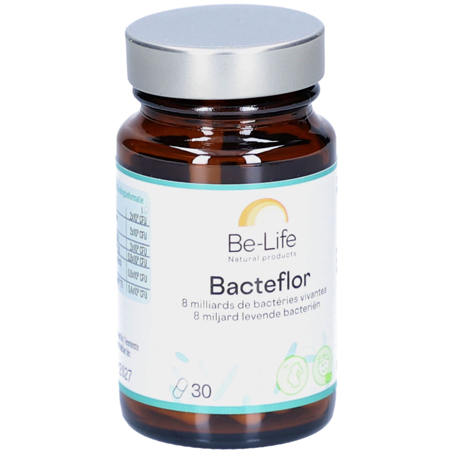 Braune Glasflasche mit silbernem Deckel. Aufschrift: Be-Life Bacteflor, 30 Kapseln. Enthält lebende Bakterien.
