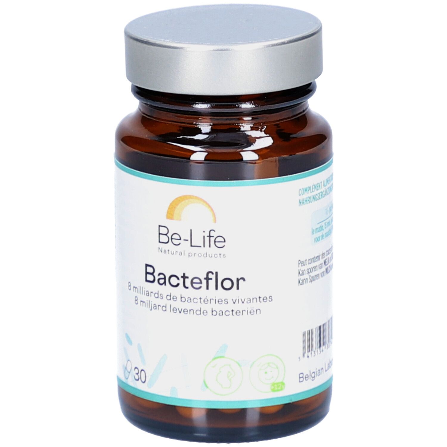 Braune Glasflasche mit silbernem Deckel. Aufschrift: Be-Life Bacteflor, 30 Kapseln. Enthält lebende Bakterien.