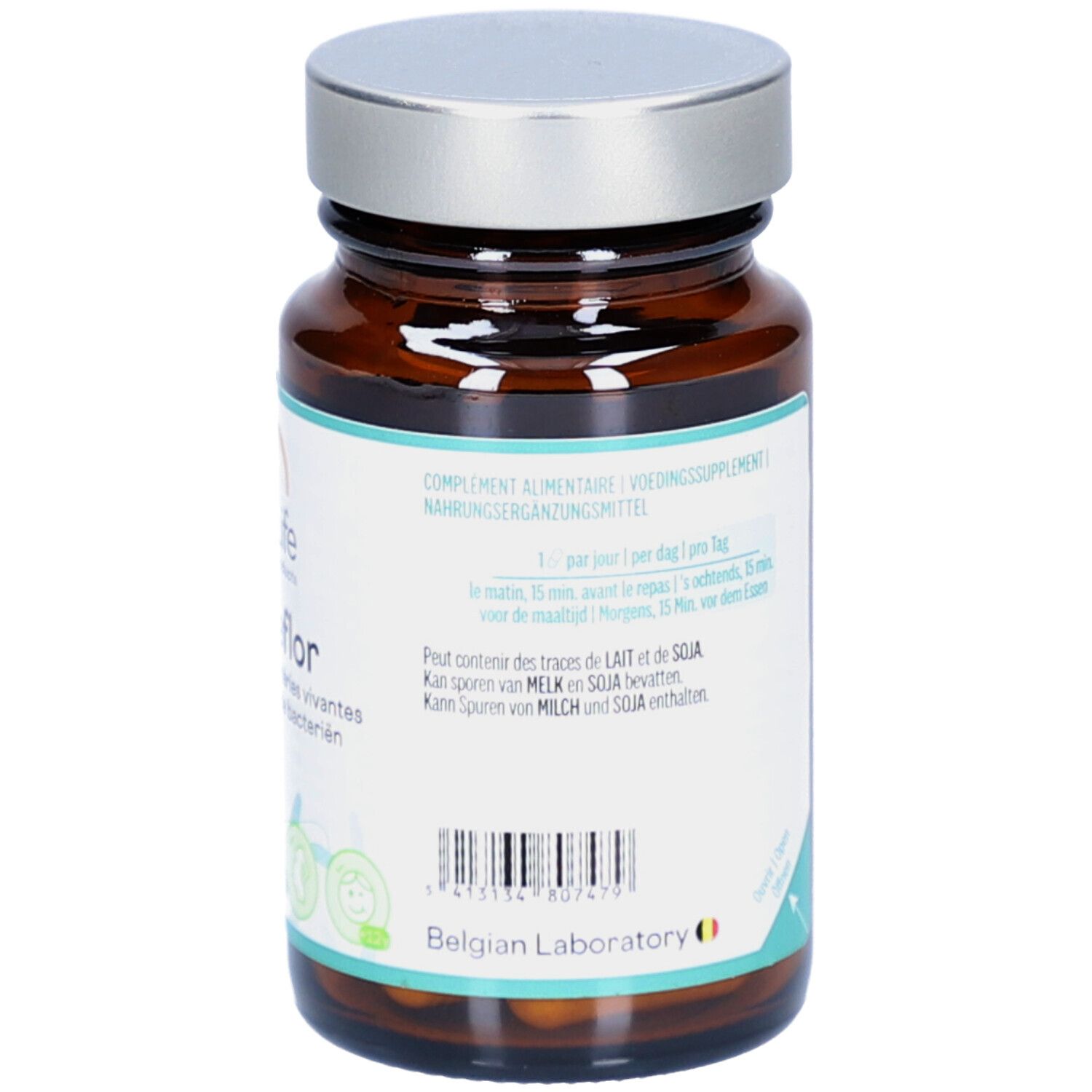 Rückseite der Flasche. Enthält Informationen zu Inhaltsstoffen und Verzehrempfehlung. Text in Deutsch, Französisch und Niederländisch.