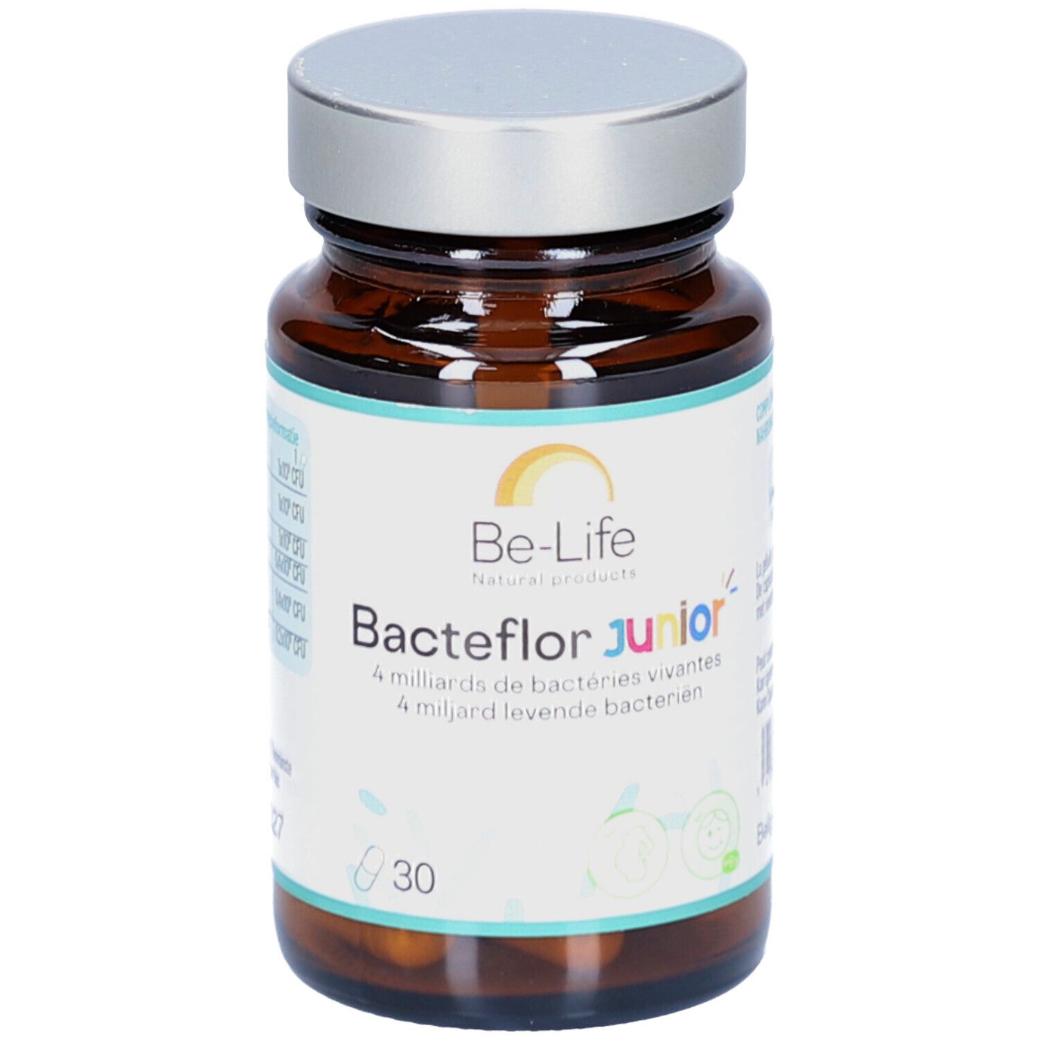 Braune Glasflasche mit silbernem Deckel. Aufkleber mit Produktnamen Bacteflor junior und 30 Kapseln.