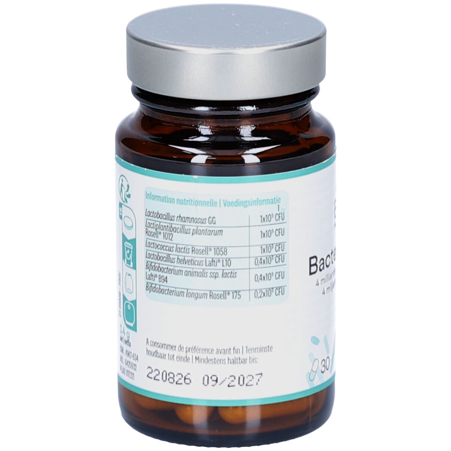 Rückseite der Flasche mit Nährwertinformationen und Mindesthaltbarkeitsdatum 09/2027.