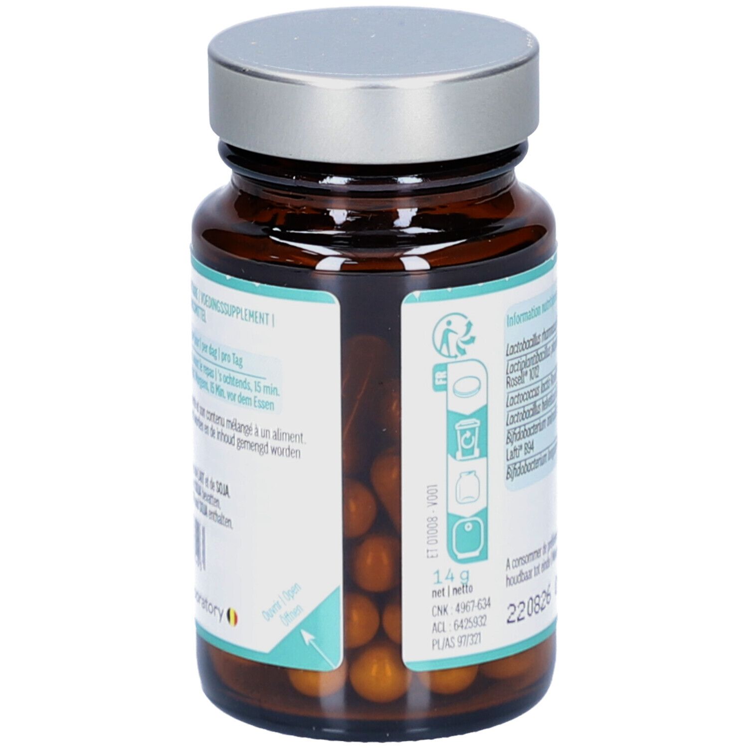 Flasche mit Kapseln. Aufkleber mit Nährwertangaben und Anweisungen. Nettogewicht 14 g.