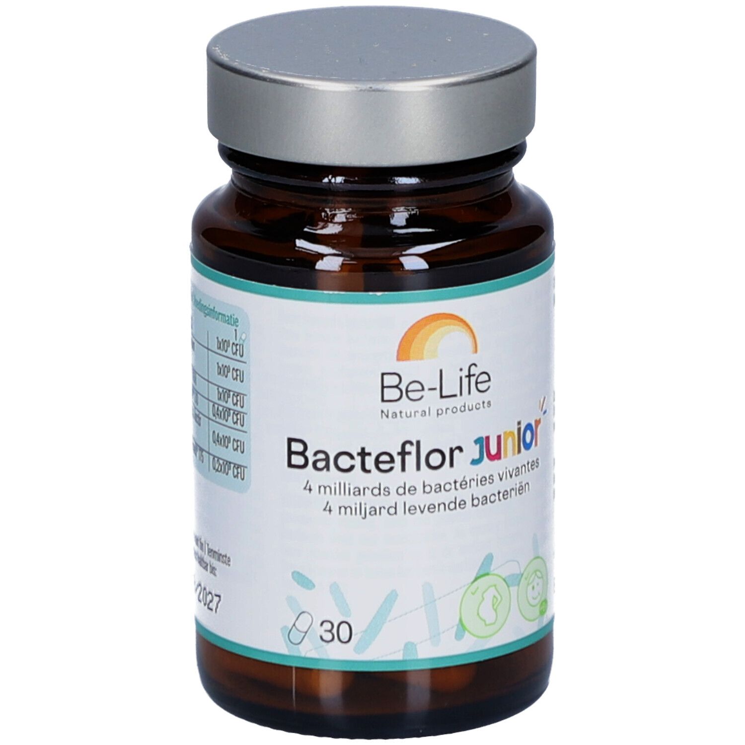 Braune Glasflasche mit silbernem Deckel. Aufkleber mit Produktnamen Bacteflor junior und 30 Kapseln.