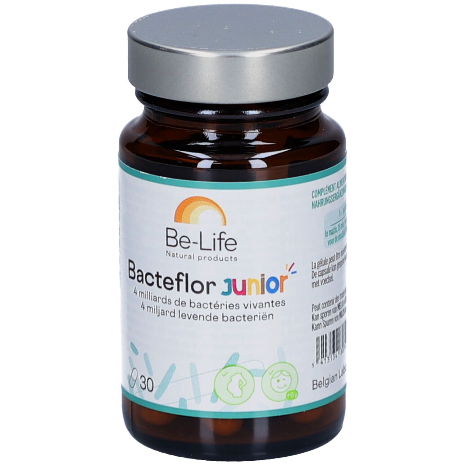 Braune Glasflasche mit silbernem Deckel. Aufkleber mit Produktnamen Bacteflor junior und 30 Kapseln.