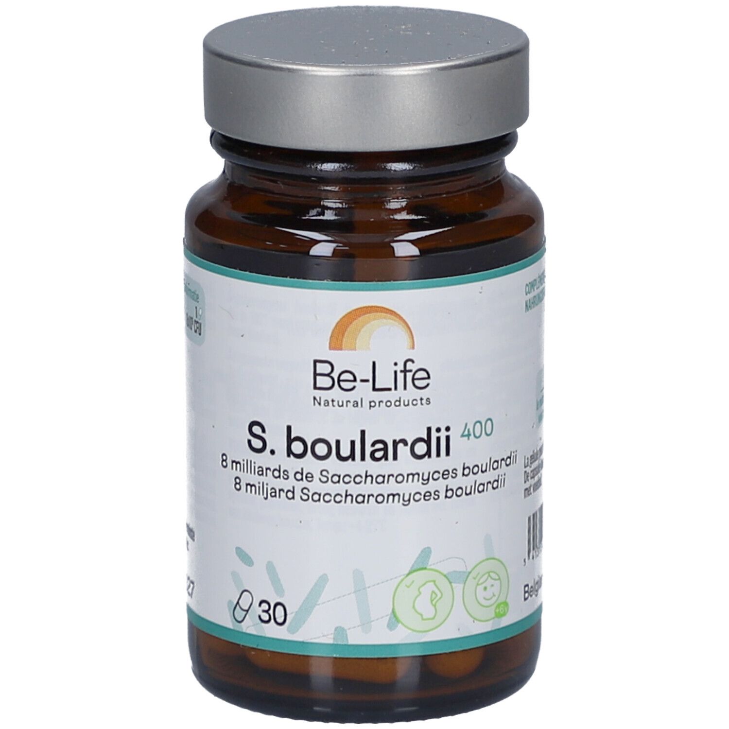 Braune Glasflasche mit silbernem Deckel. Aufschrift: Be-Life, S. boulardii 400, 30 Kapseln. Aufkleber mit Informationen.