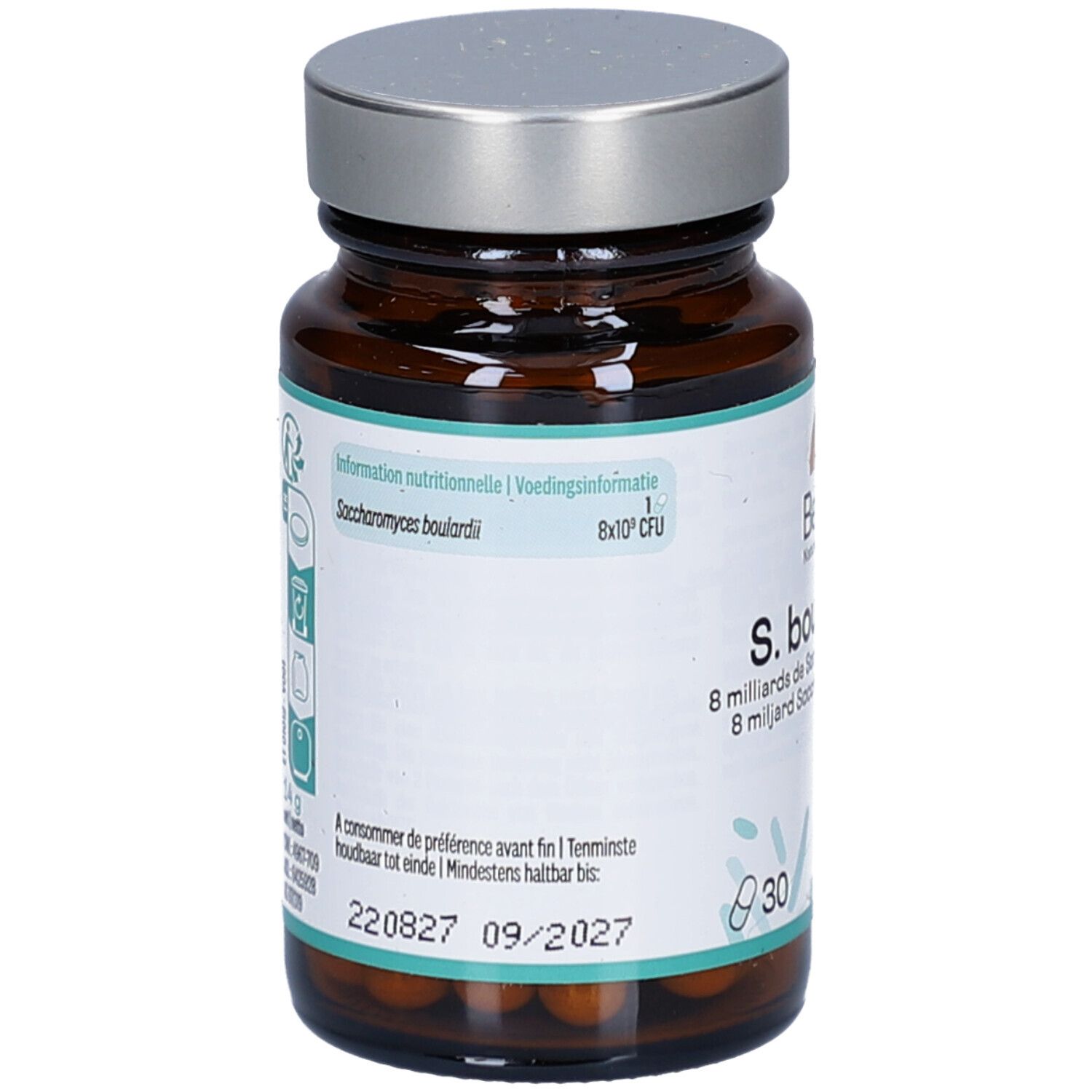 Rückseite der Flasche. Informationen zu Nährwerten, Haltbarkeit und Chargennummer. Etikett mit Text in mehreren Sprachen.