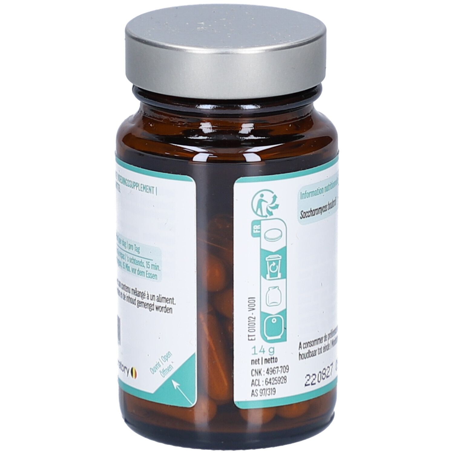 Seitenansicht der Flasche. Informationen zur Dosierung und Inhaltsstoffen. Etikett mit Text und Piktogrammen.