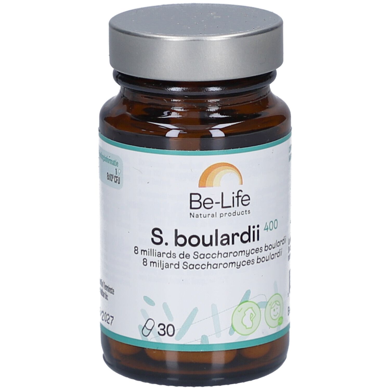 Braune Glasflasche mit silbernem Deckel. Aufschrift: Be-Life, S. boulardii 400, 30 Kapseln. Etikett mit Informationen.