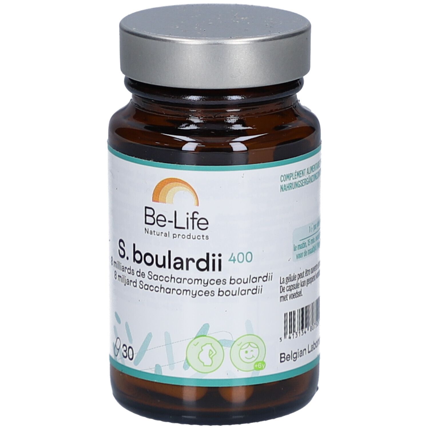 Braune Glasflasche mit silbernem Deckel. Aufschrift: Be-Life, S. boulardii 400, 30 Kapseln. Etikett mit Informationen.