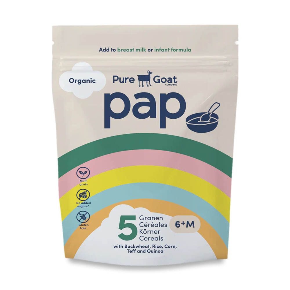 Sachet avec inscription "Pure Goat Company pap" en bleu. "5 Céréales 6+M" et ingrédients. Design arc-en-ciel.
