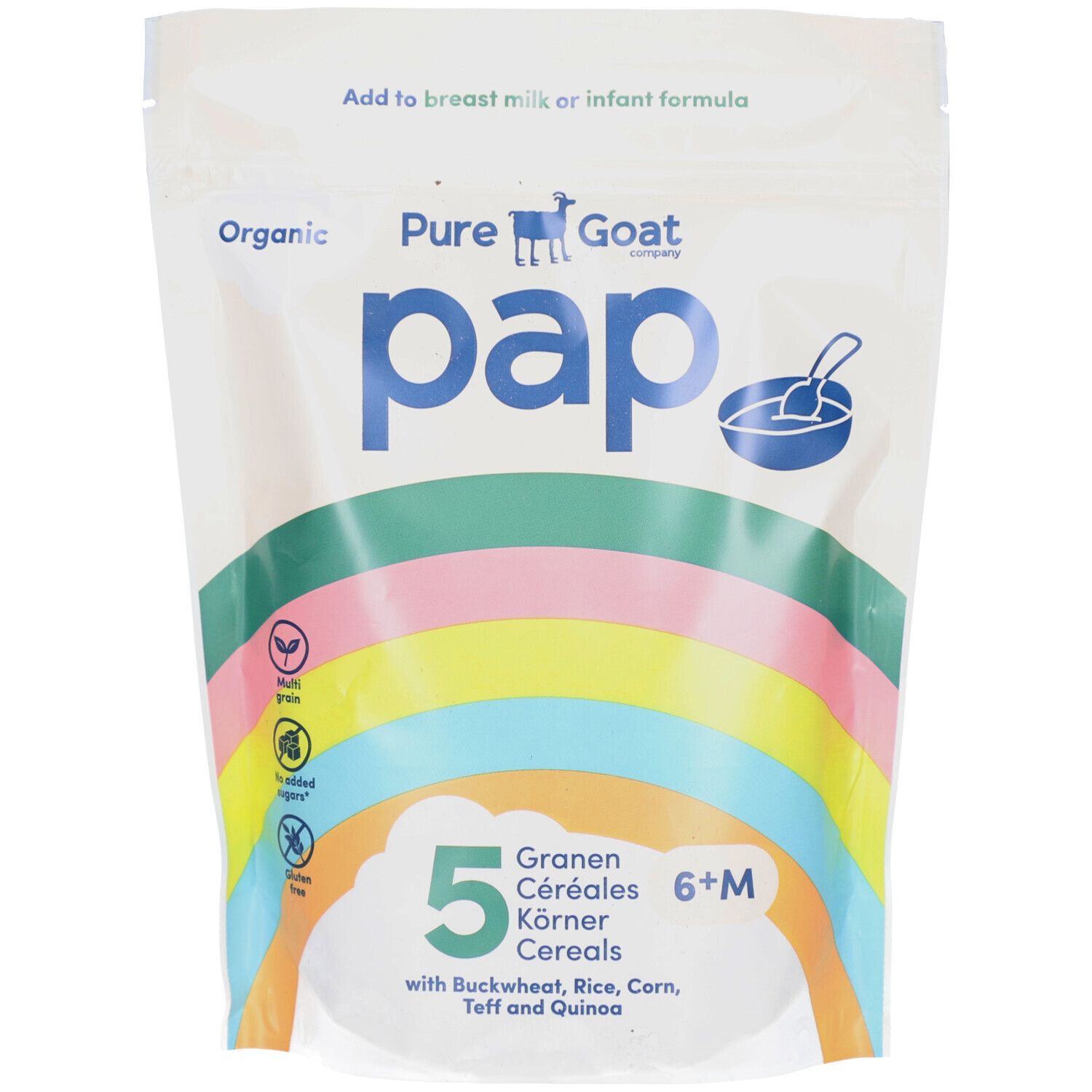 Beutel mit Aufdruck. "Pure Goat Company pap" in Blau. "5 Céréales 6+M" und Zutaten. Regenbogenfarbenes Design.