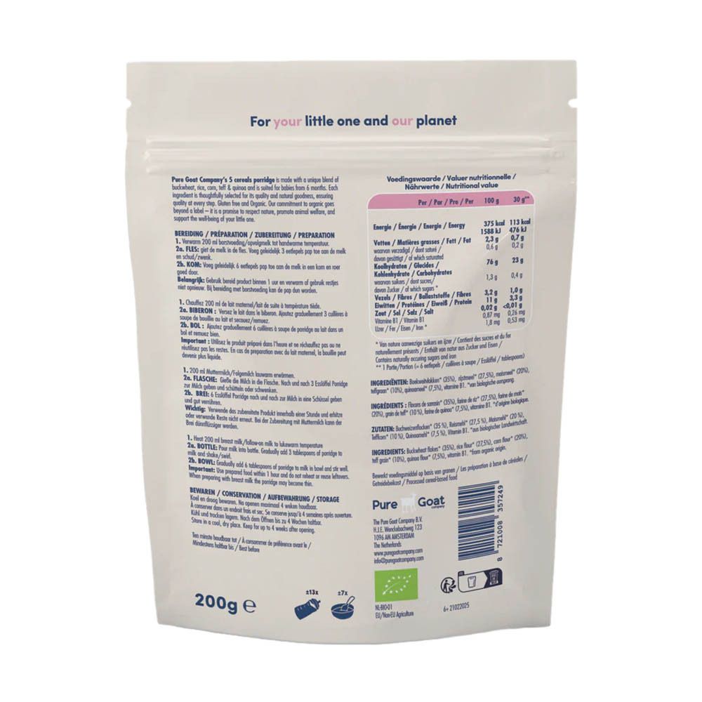 Dos du paquet. Texte multilingue. Informations nutritionnelles, liste des ingrédients et instructions de préparation.