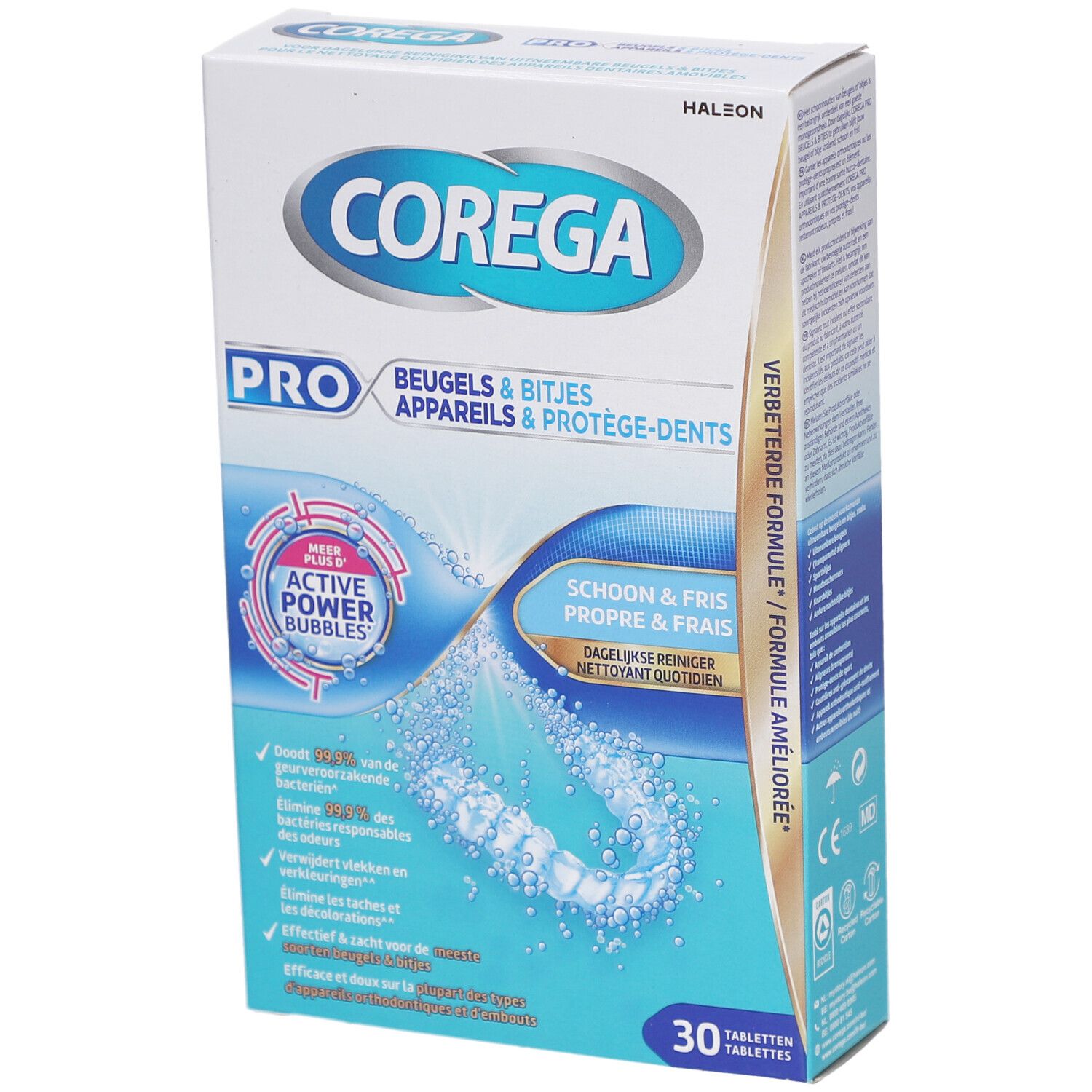 Produktverpackung mit Produktnamen und -bezeichnung. Enthält 30 Tabletten. Blaue und weiße Verpackung mit Produktabbildung.