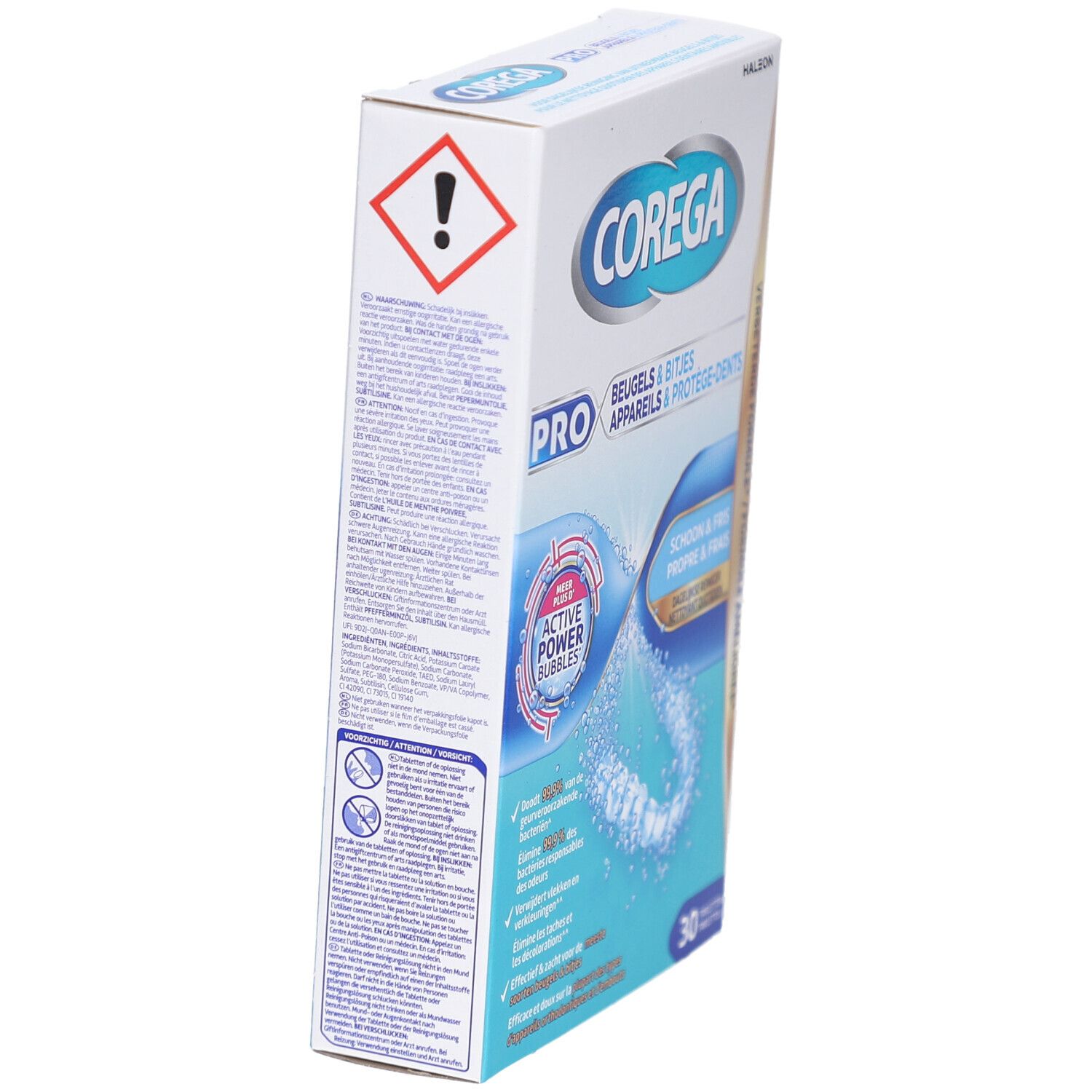 Produktverpackung, Seitenansicht. Enthält Warnhinweise und Produktinformationen. Weiß-blaue Verpackung mit Produktnamen.