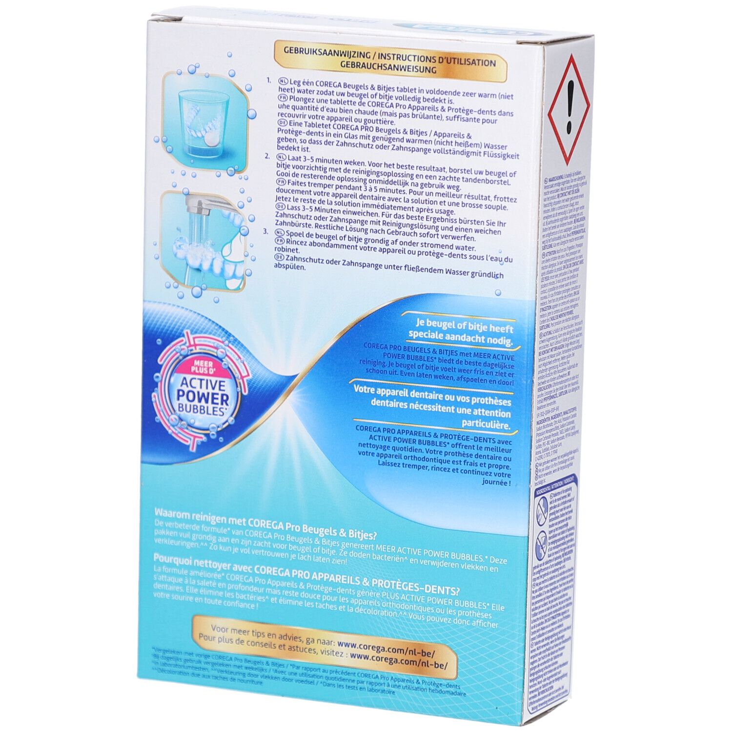 Rückseite der Produktverpackung. Enthält Anweisungen und Produktinformationen. Weiß-blaue Verpackung mit Illustrationen.