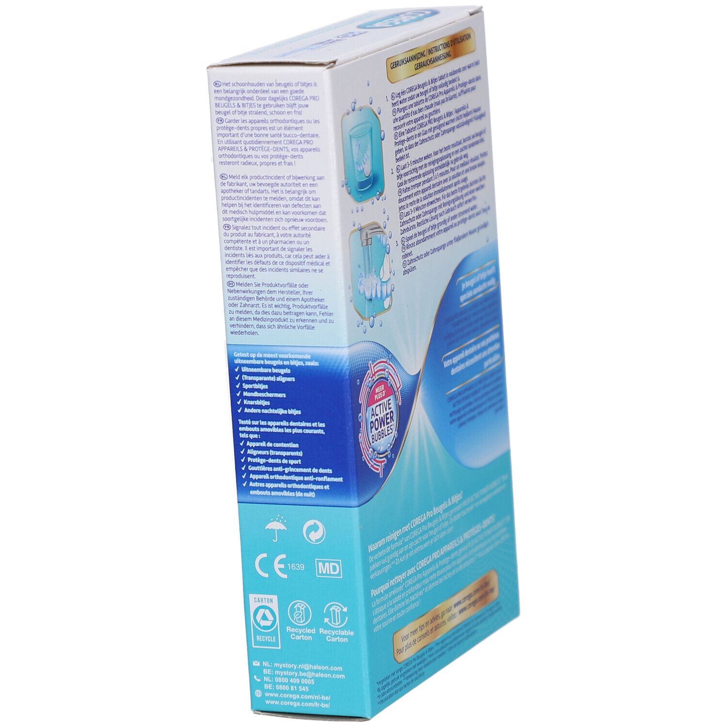 Produktverpackung, schräge Ansicht. Enthält Produktinformationen und Zertifizierungen. Weiß-blaue Verpackung mit Illustrationen.