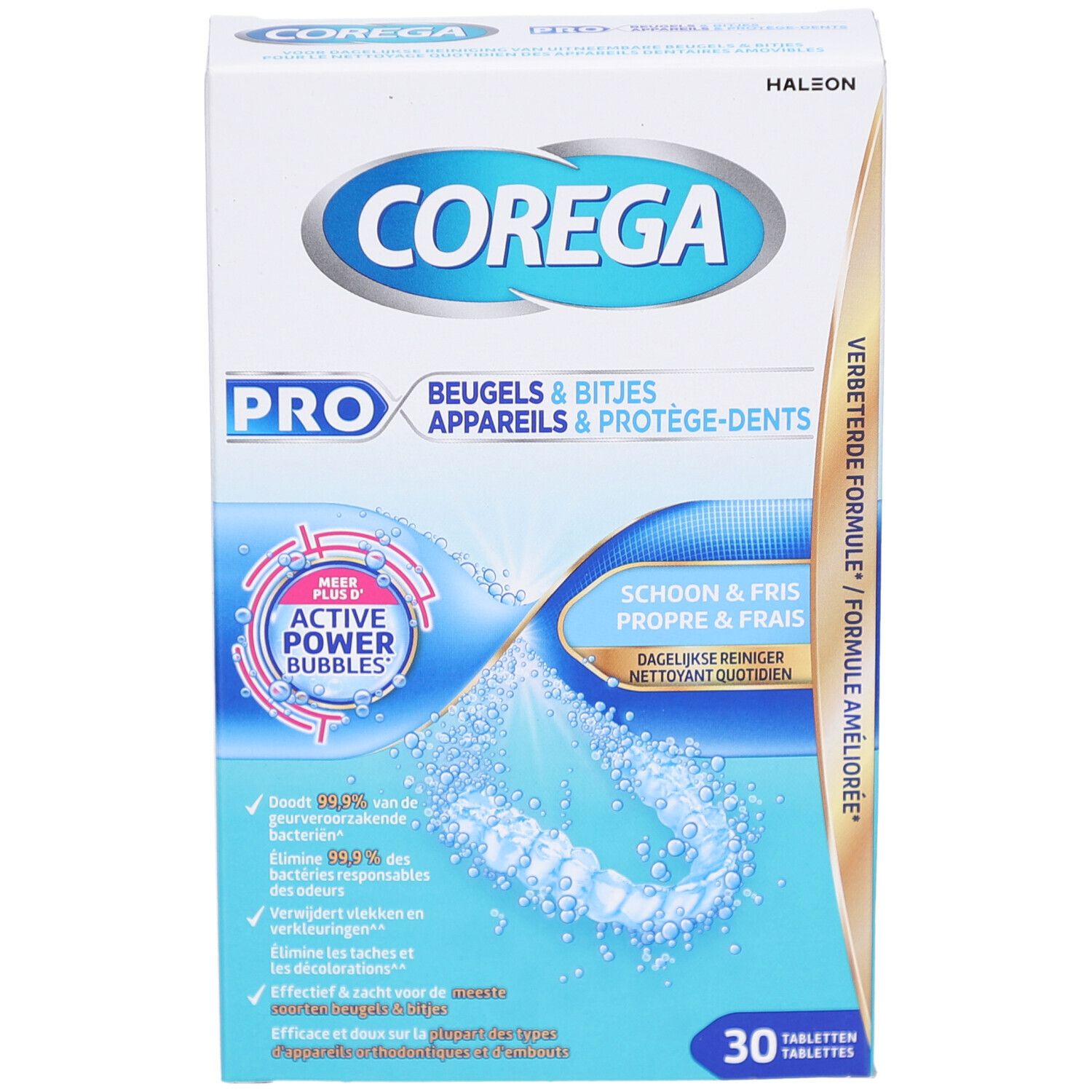 Produktverpackung mit Produktnamen und -bezeichnung. Enthält 30 Tabletten. Blaue und weiße Verpackung mit Produktabbildung.